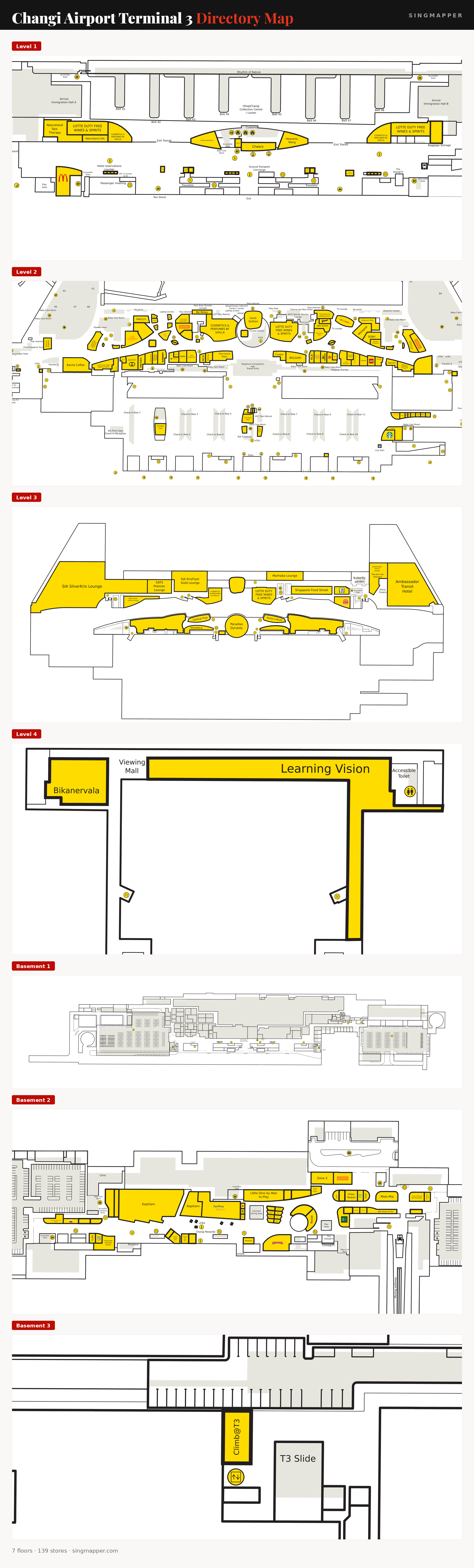 Changi Airport Terminal 3 directory map: all floor plans with store locations